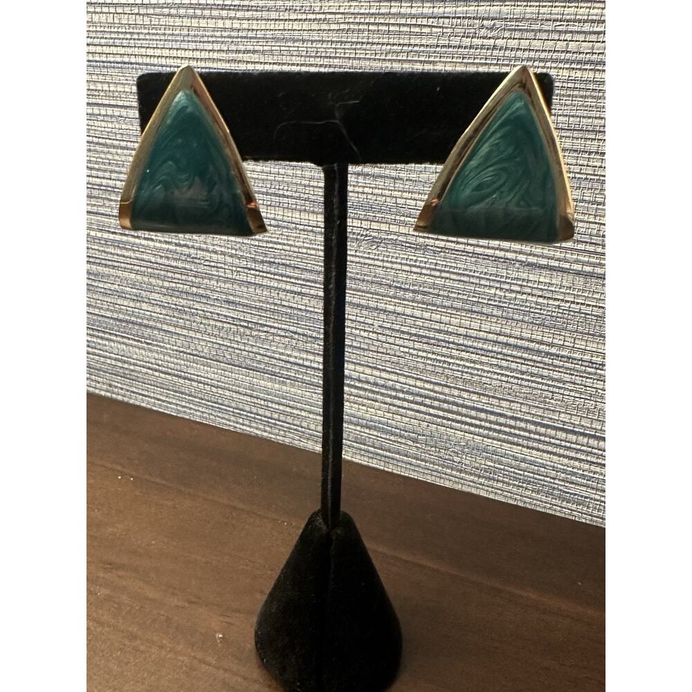 Vintage Dangle Earrings Gold Aqua Enamel Geometric Chunky USA Made NOS 1980s